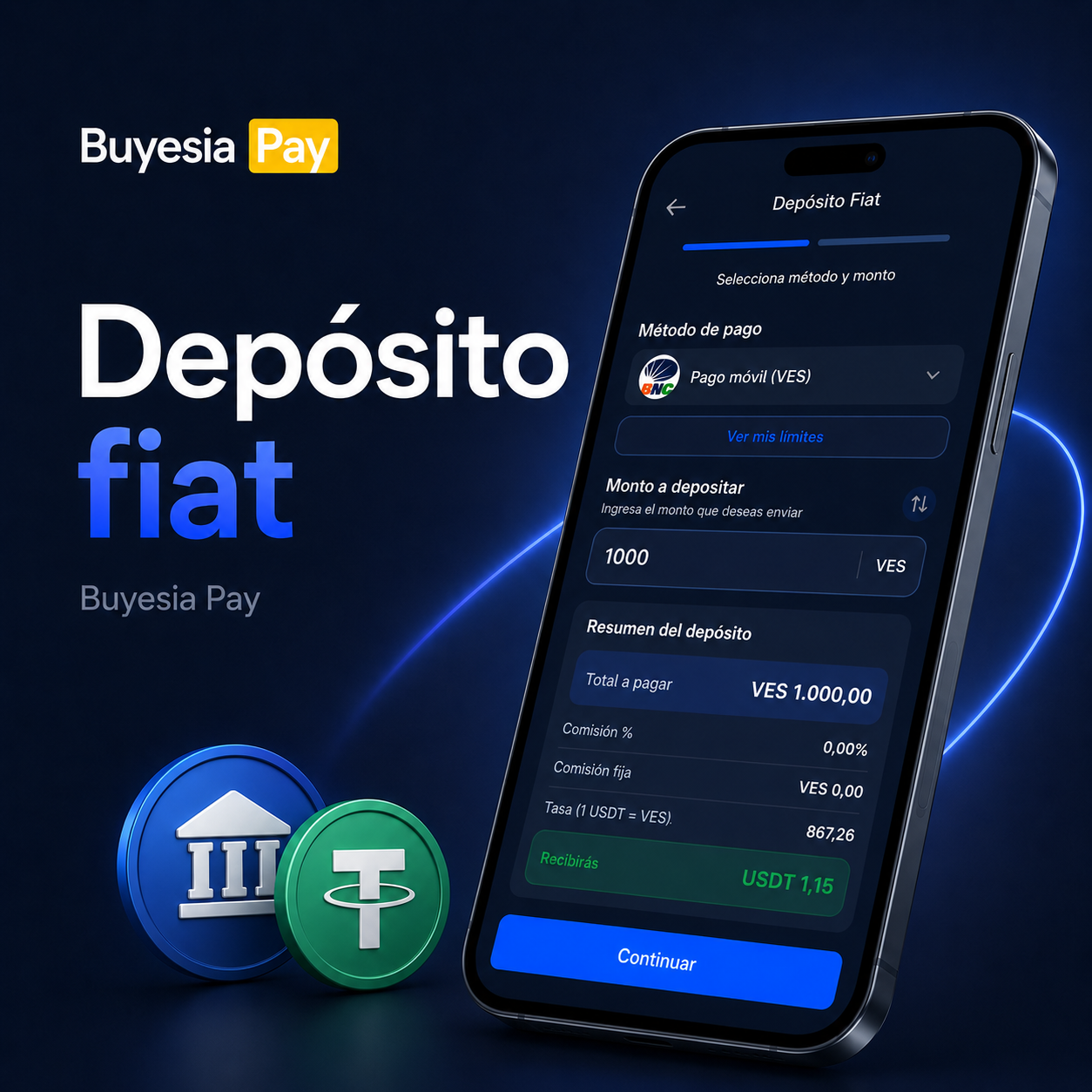 Cómo depositar dinero fiat y recibir USDT o USDC en Buyesia Pay